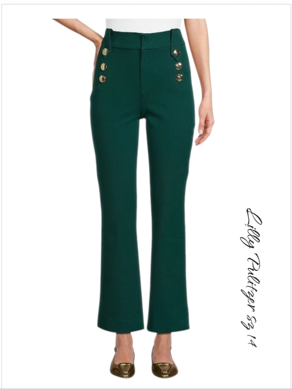 Lilly Pulitzer Green Parrish Bi-Stretch Crop Flare Pants Gold Buttons 14 NWT